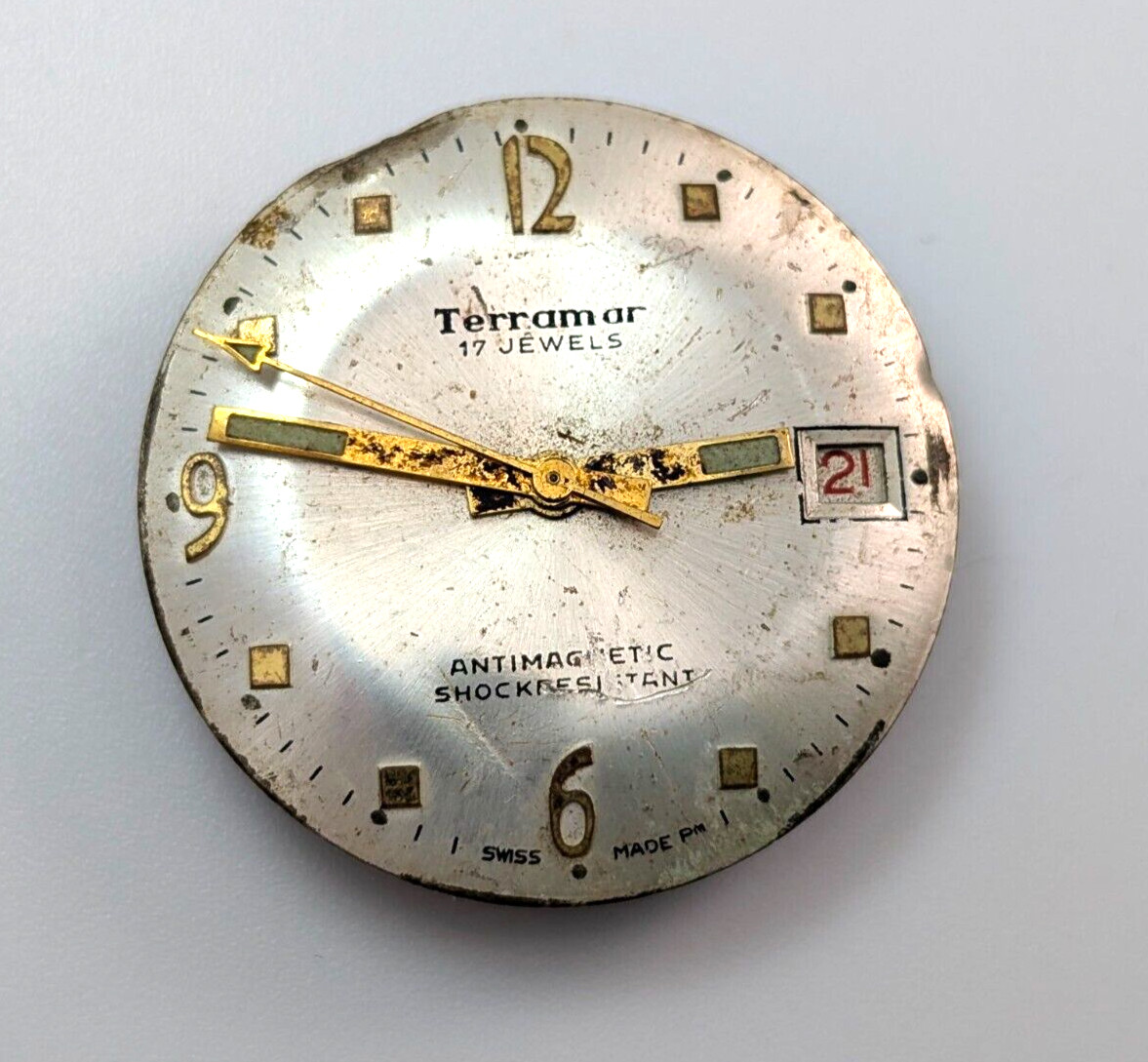 Vintage TERRAMAR Calendar 17j Arrow Sweep 28mm Watch Movement PARTS or REPAIR