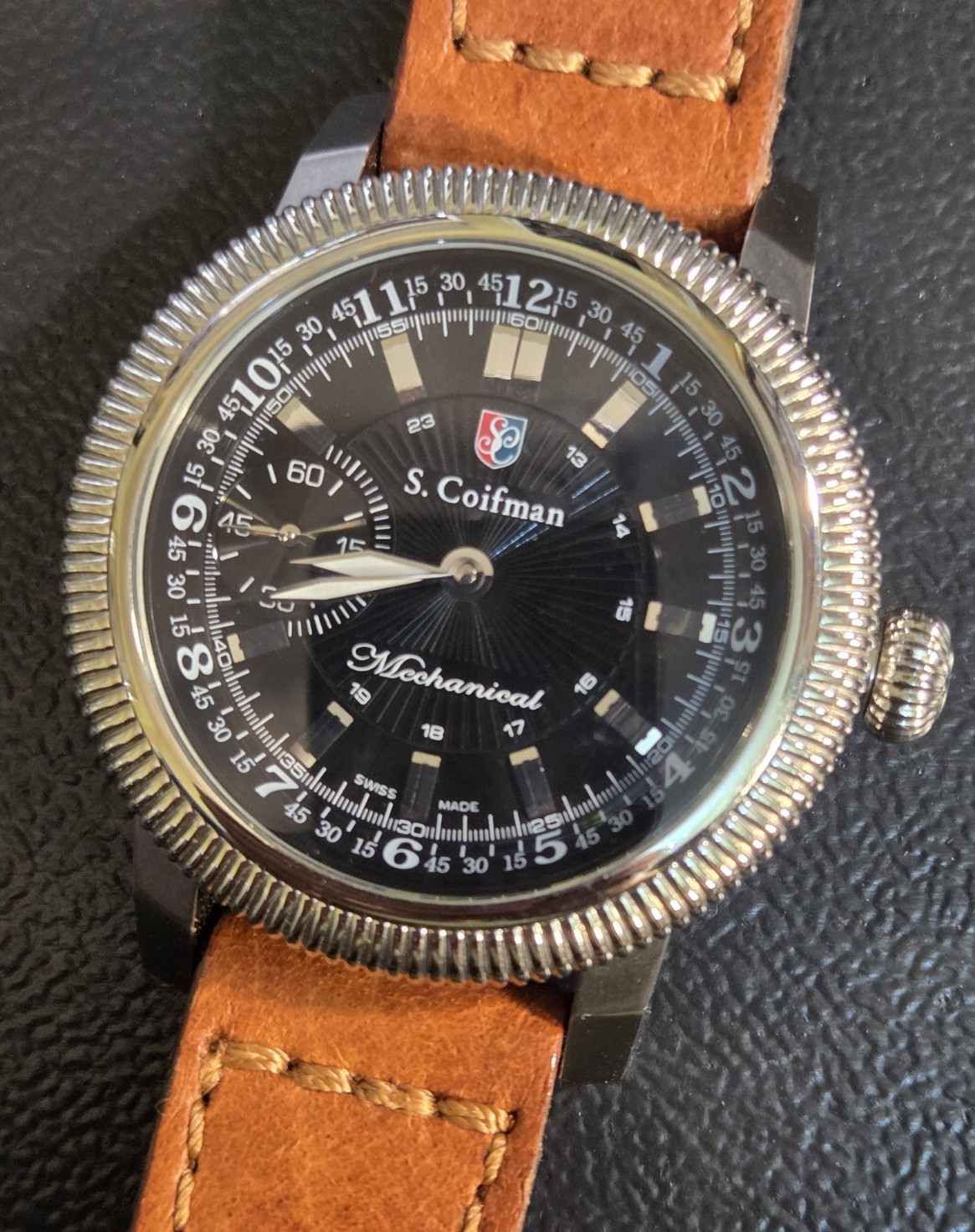 Mens S. Coifman Swiss Made Mechanical 46 mm Pilot Military Big Crown Wristwatch