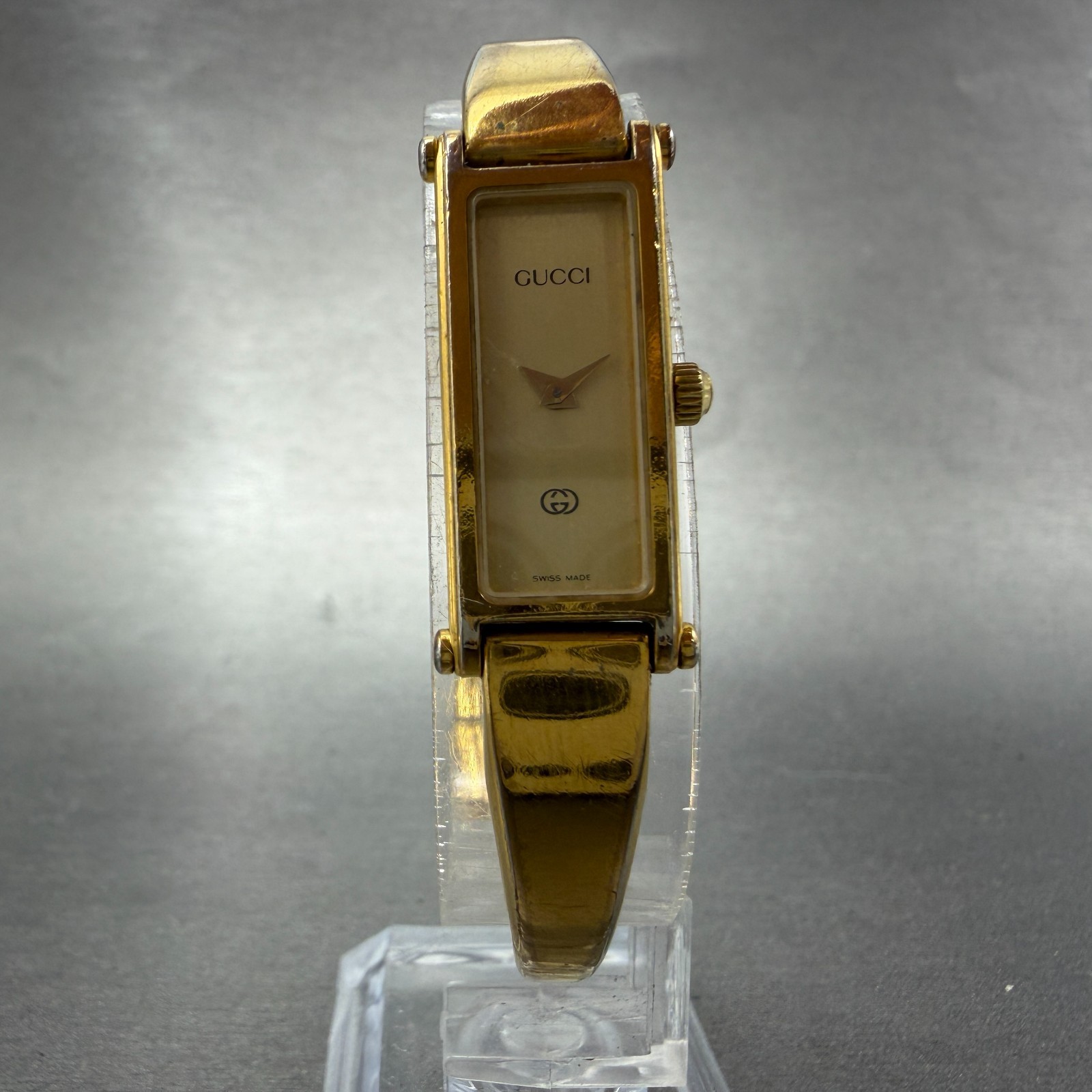 Gucci 1500L Tank Watch Women 12mm Gold Dial Gold Rectangle Bangle New Battery JT