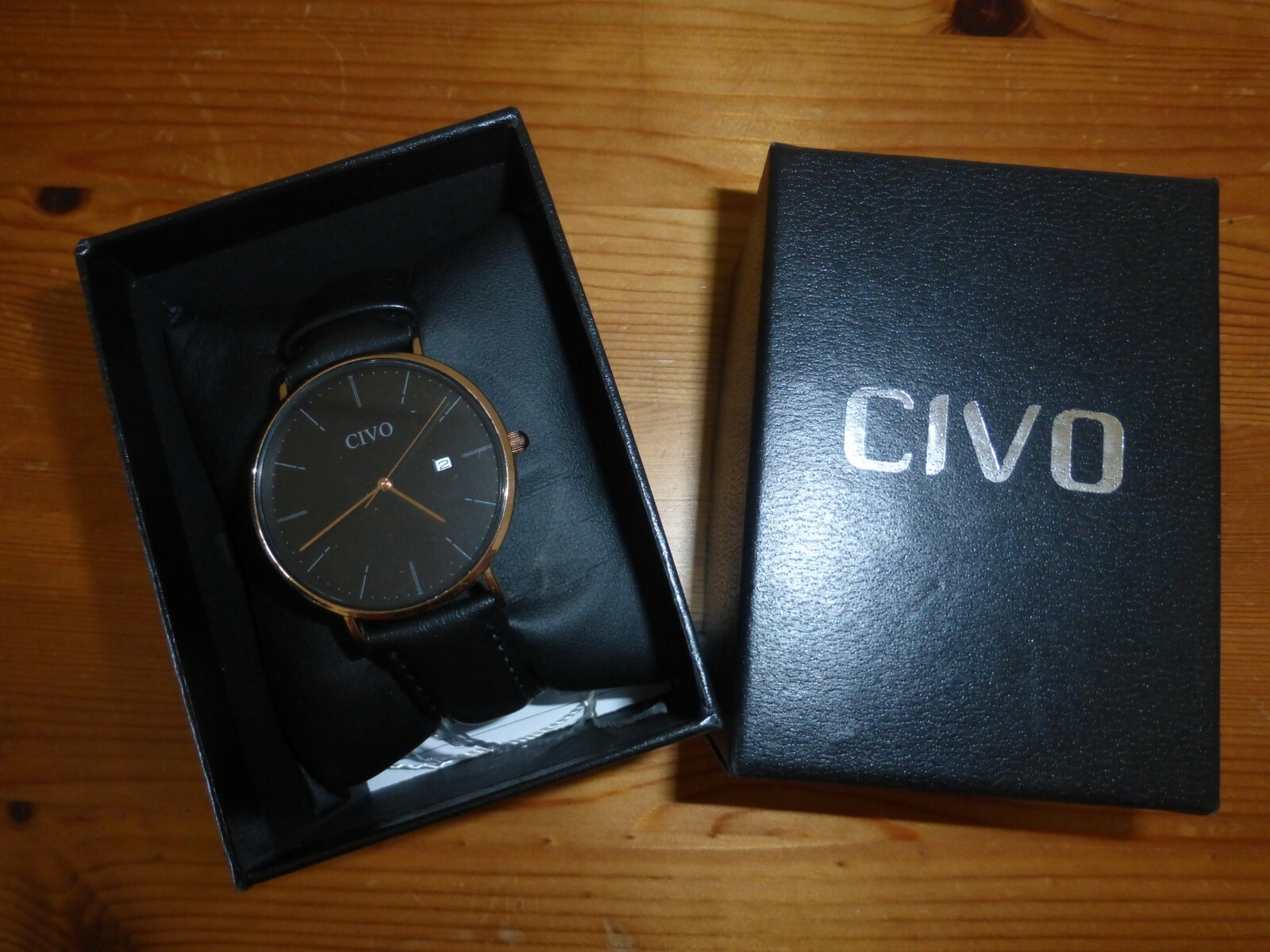 Men’s CIVO Black Analogue Quartz Watch. Genuine Leather Strap, Battery Included 
