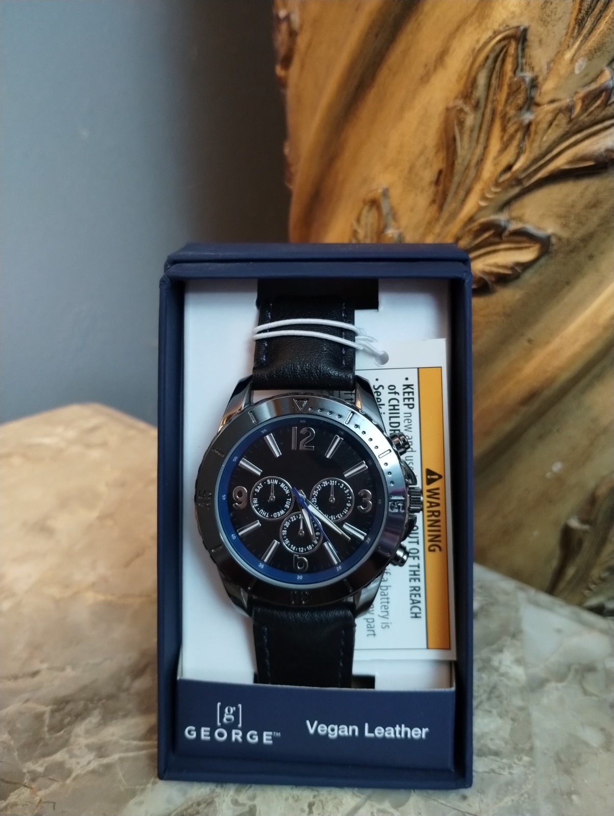 George Men’s Analog Wristwatch With Long Life Battery Black Vegan Leather Strap