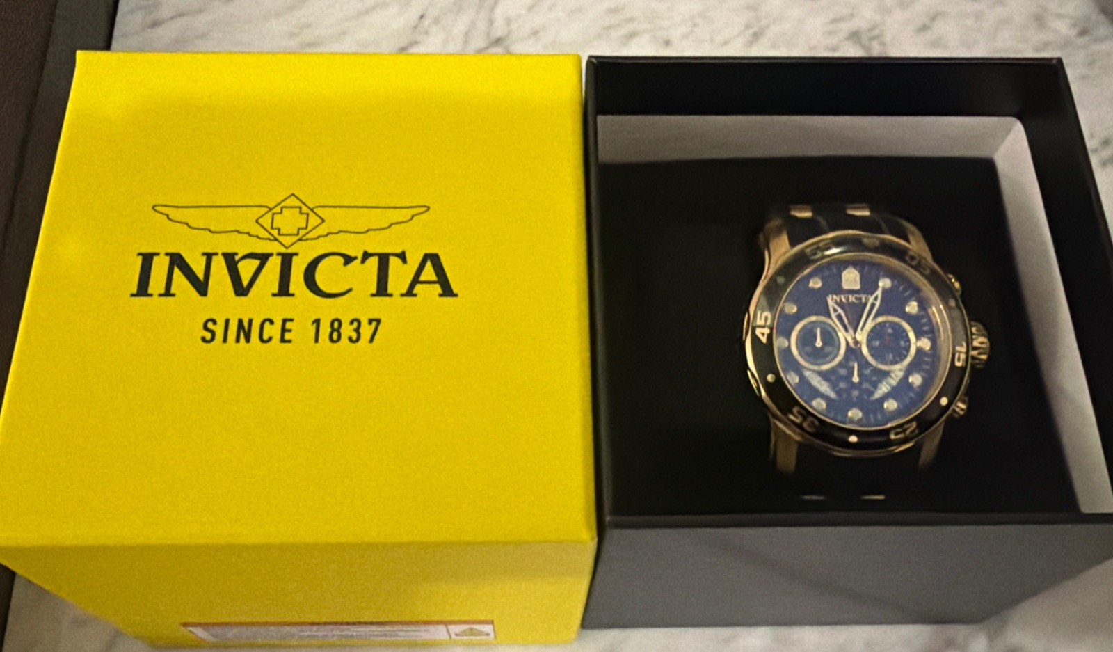 Invicta Men’s Watch Pro Diver Scuba Chrono Black and Yellow Gold Strap 37229