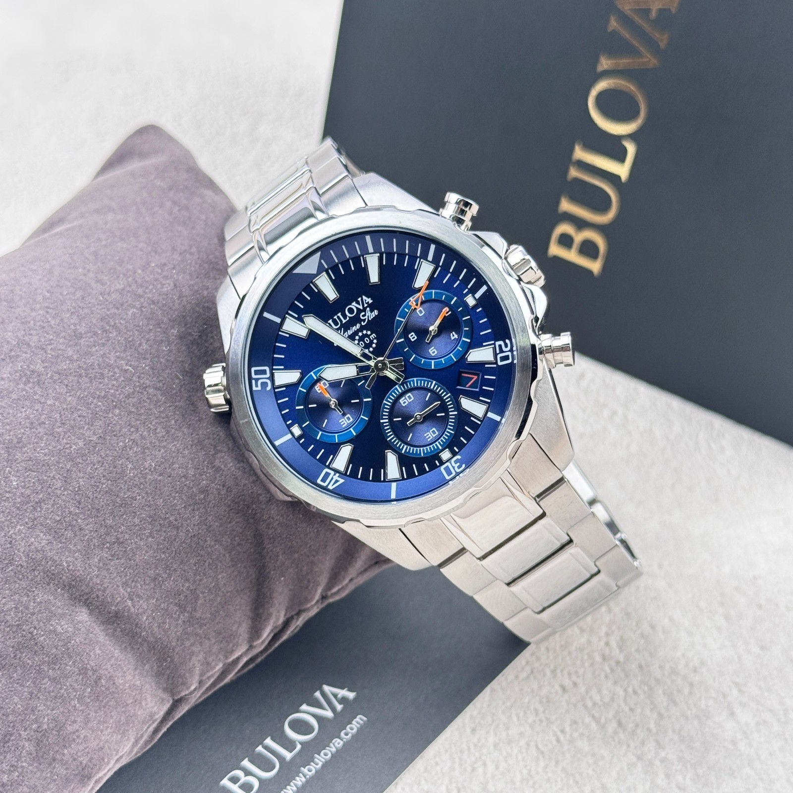 Bulova Marine Star 96B256 Blue Dial Stainless Steel Quartz Men’s Watch 43MM