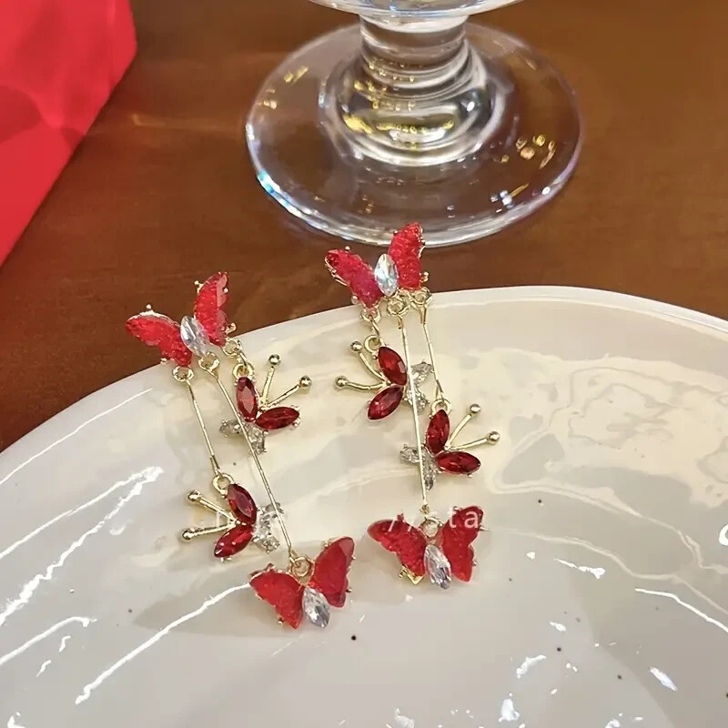Stunning Red Butterfly Drop Dangle Earrings Glamorous Rhinestone Accents