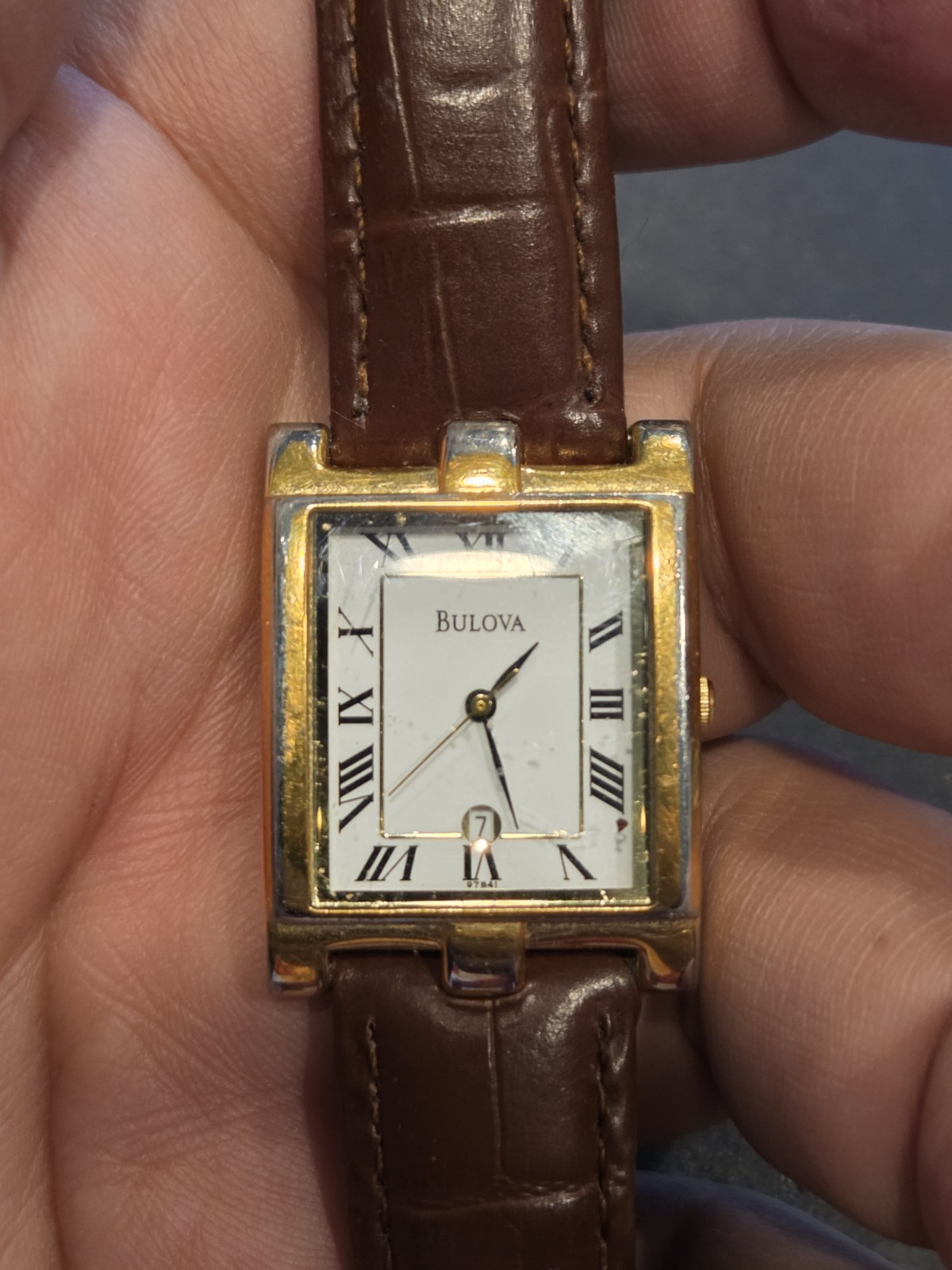 Bulova Men Watch 97B41 Tank Quartz Gold White Dial Brown Leather Croc Strap C69