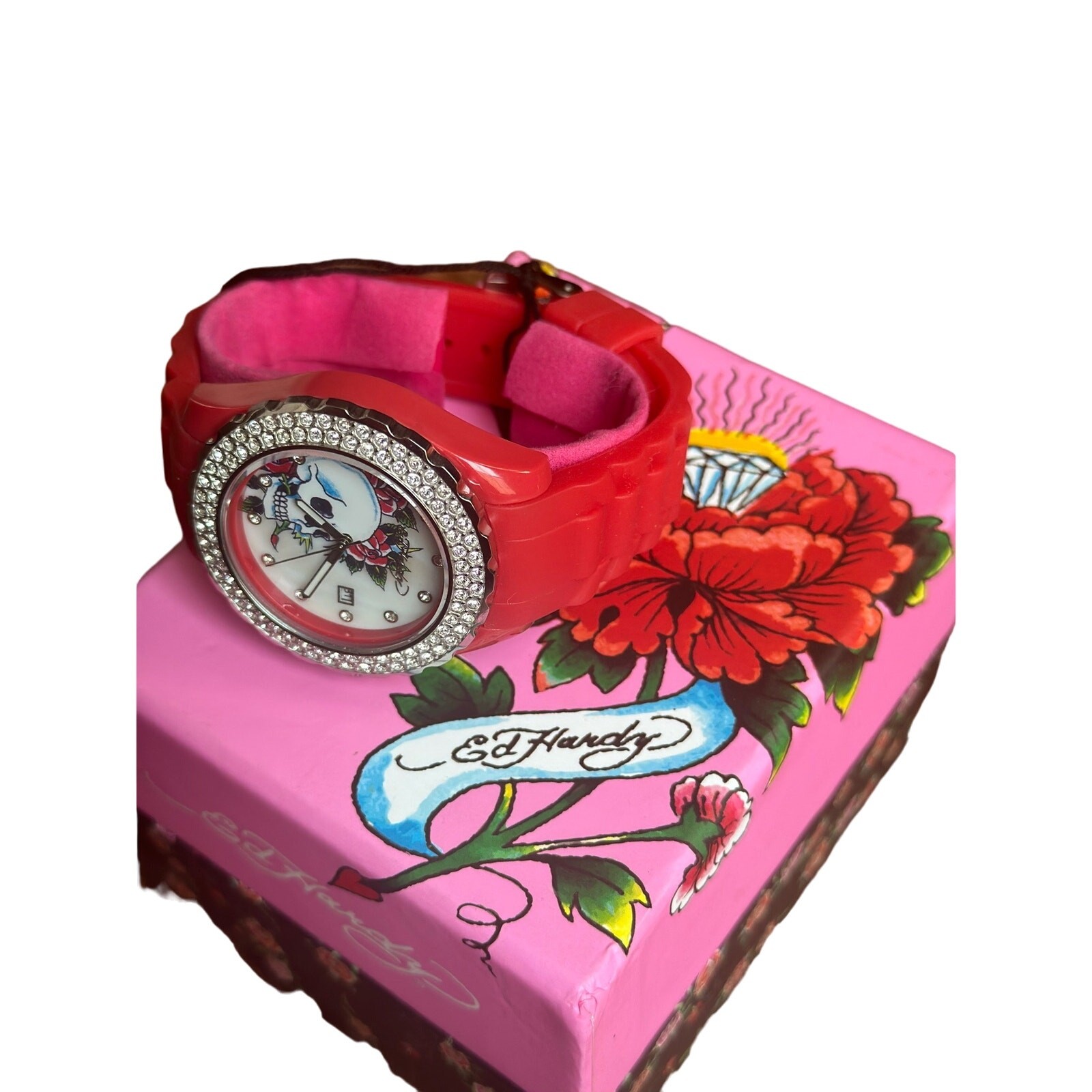 NIB Ed Hardy Love Kills Slowly Watch Swarovski Crystals & Red Pink Band Y2K