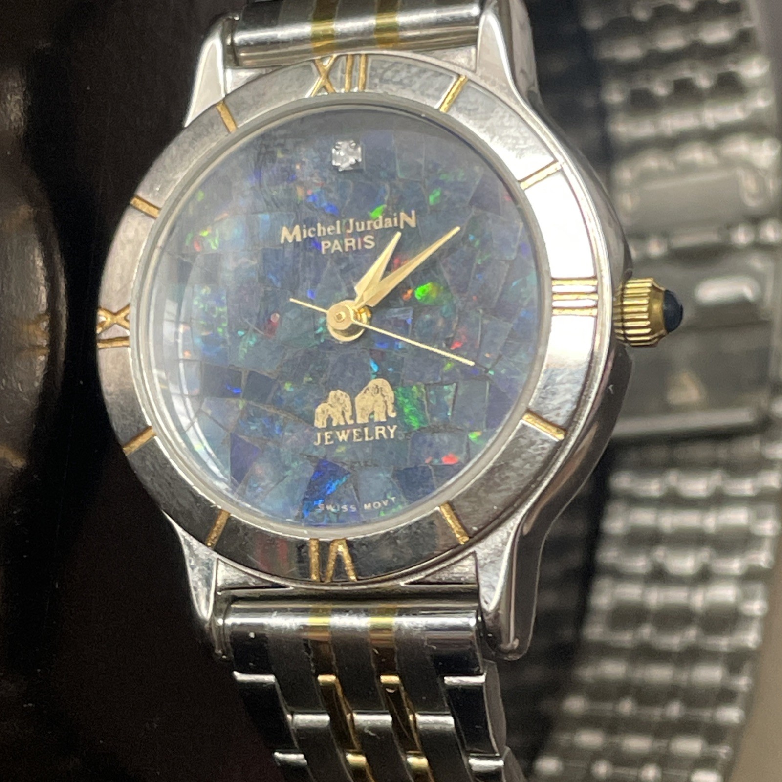 1980s Michel Jurdain opal gemstone mosaic Diamond Swiss movement Watch