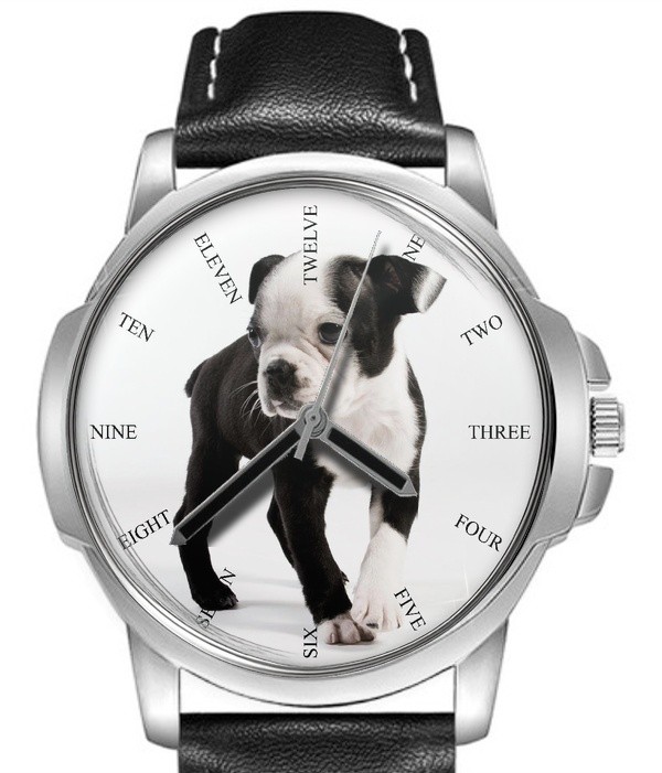 Boston Terrier Puppy Leather Strap Big Dial Gift Wrist Watch