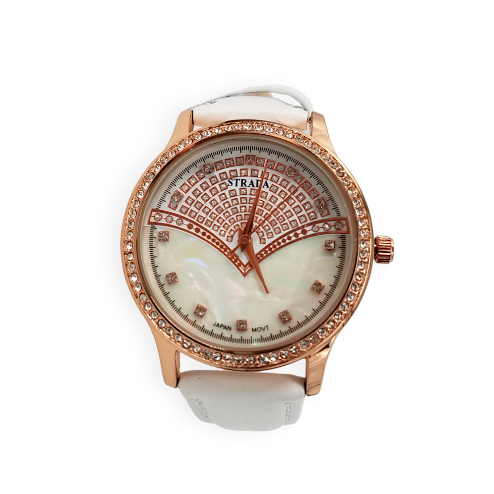 STRADA Rose Gold White Crystal Faux Leather Band Quartz 36MM Wrist Watch