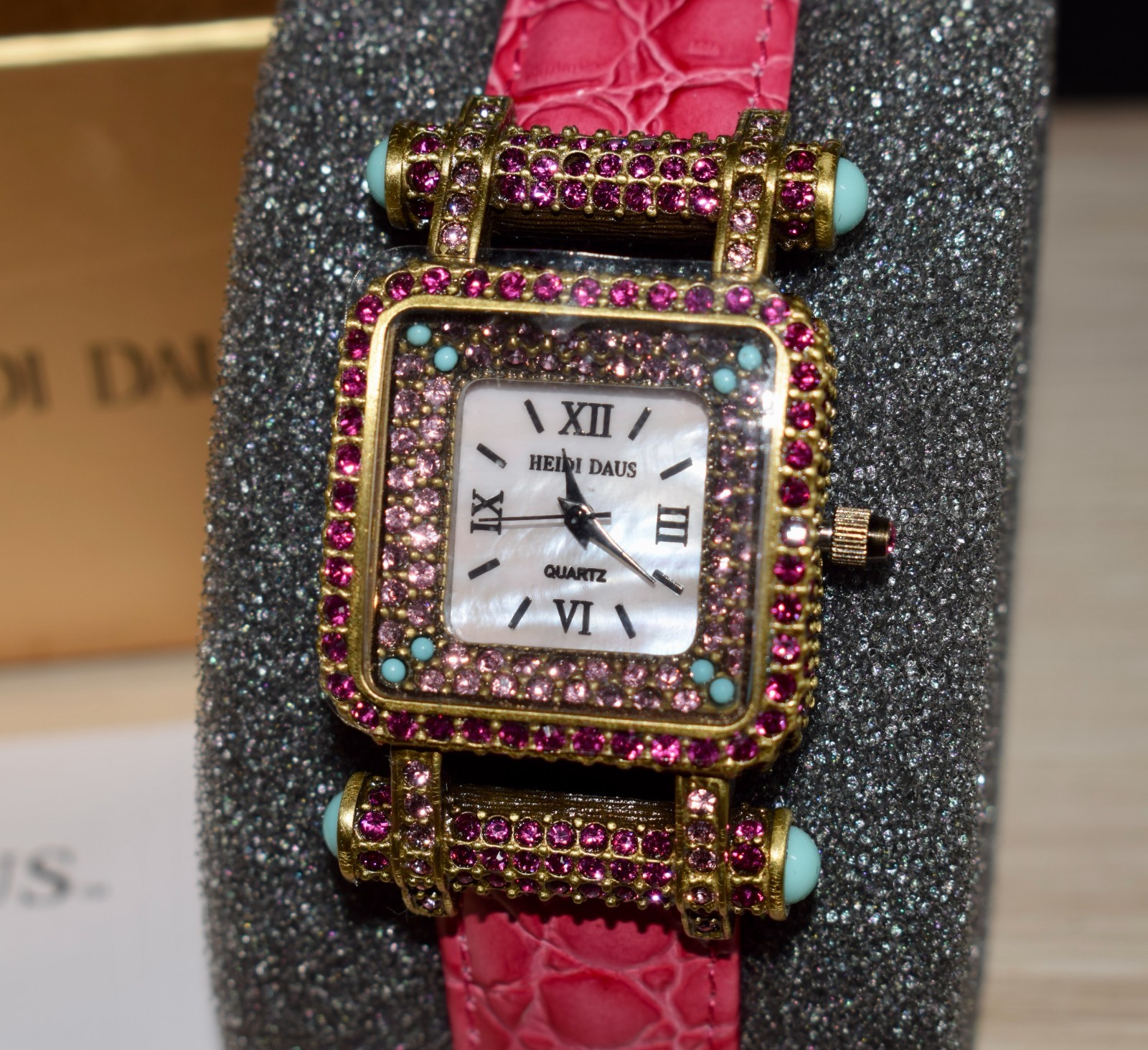 Heidi Daus Quartz Wrist Watch Rhinestone Case Pink Leather Band B8564 NIB ~ #4