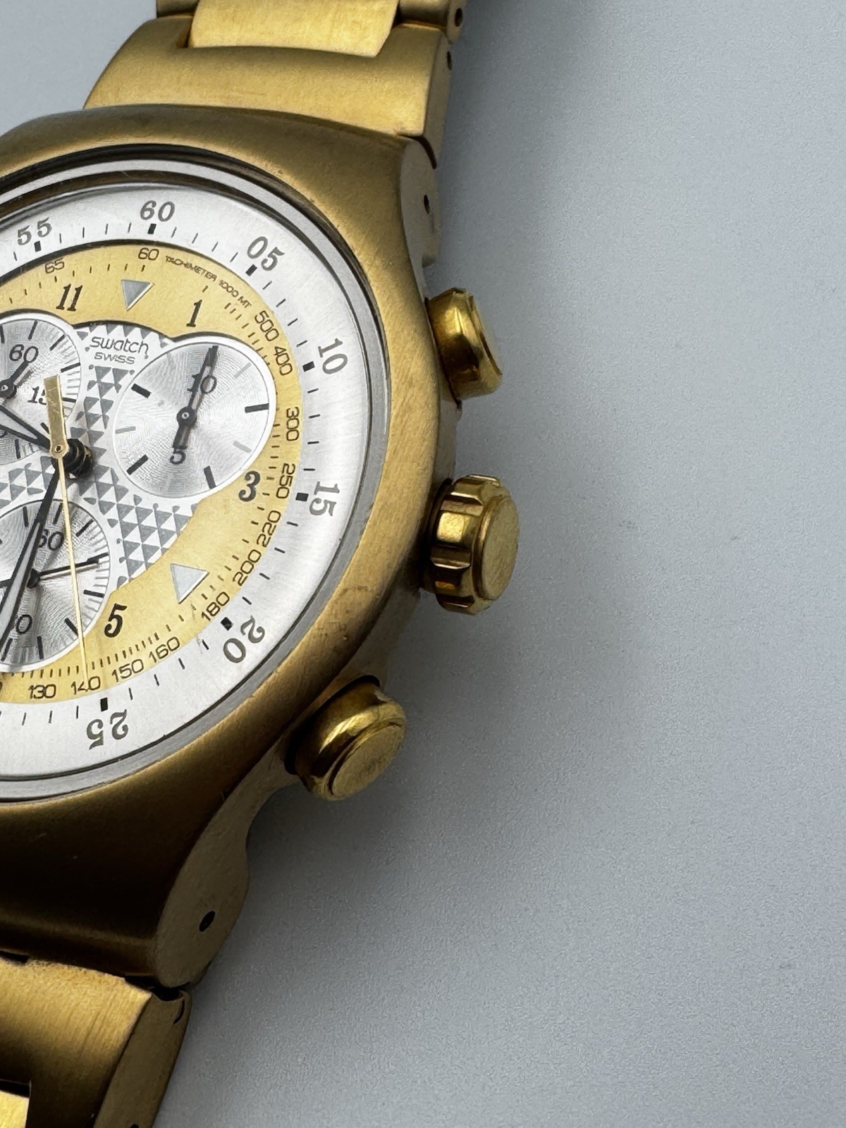 SWATCH IRONY GOLDEN CHEST 47mm Chronograph Wrist Watch YOG100G – Swiss Works