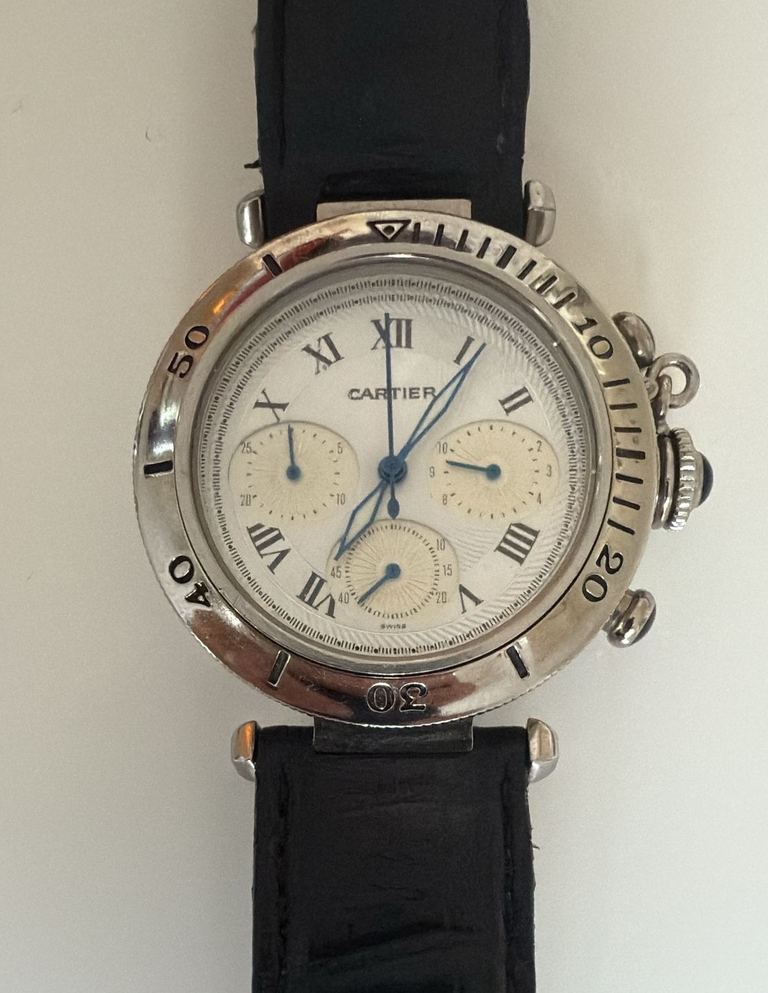 CARTIER Pasha 38mm Chronograph White Dial Leather Mens Watch