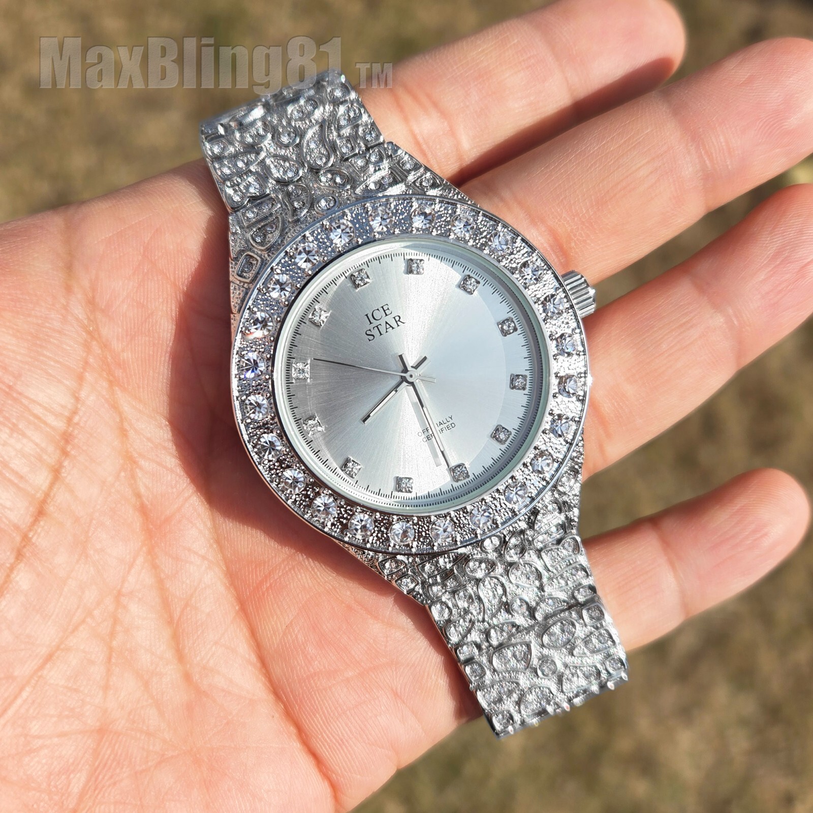 Men’s Watch Luxury Hip Hop Silver Nugget Bling Simulated Diamond Iced Dress