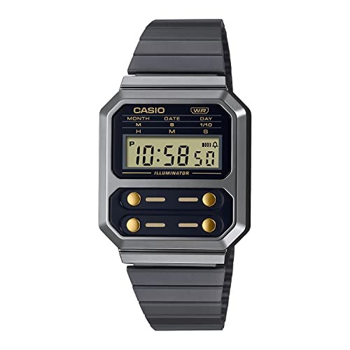 CASIO A100WEGG-1A2 Digital Watch Black Gold Stainless Steel Retro Y863856