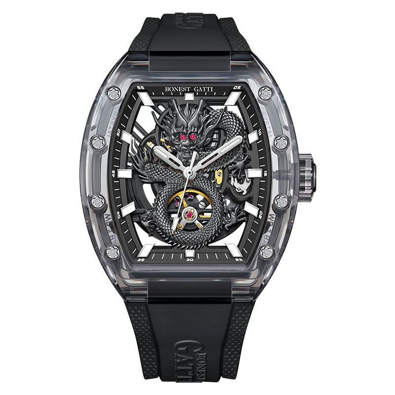 BONEST GATTI Men’s Gift Tonneau 3D Loong Relief Dial Automatic Mechanical Watch