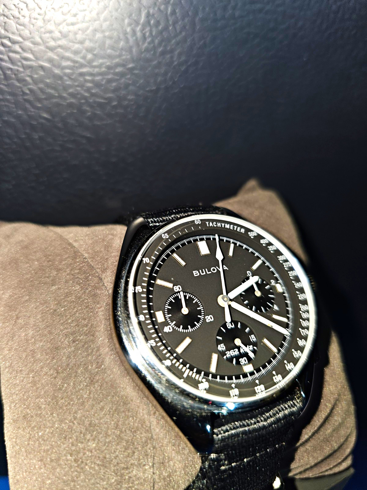 Bulova Lunar Pilot Quartz Chronograph Tachymeter Black Dial NATO Strap Box