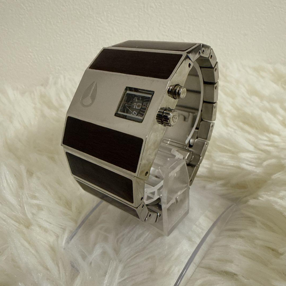 Nixon Rotolog Wood Inlay Stainless Steel Rotating Disc Watch Rare Vintage
