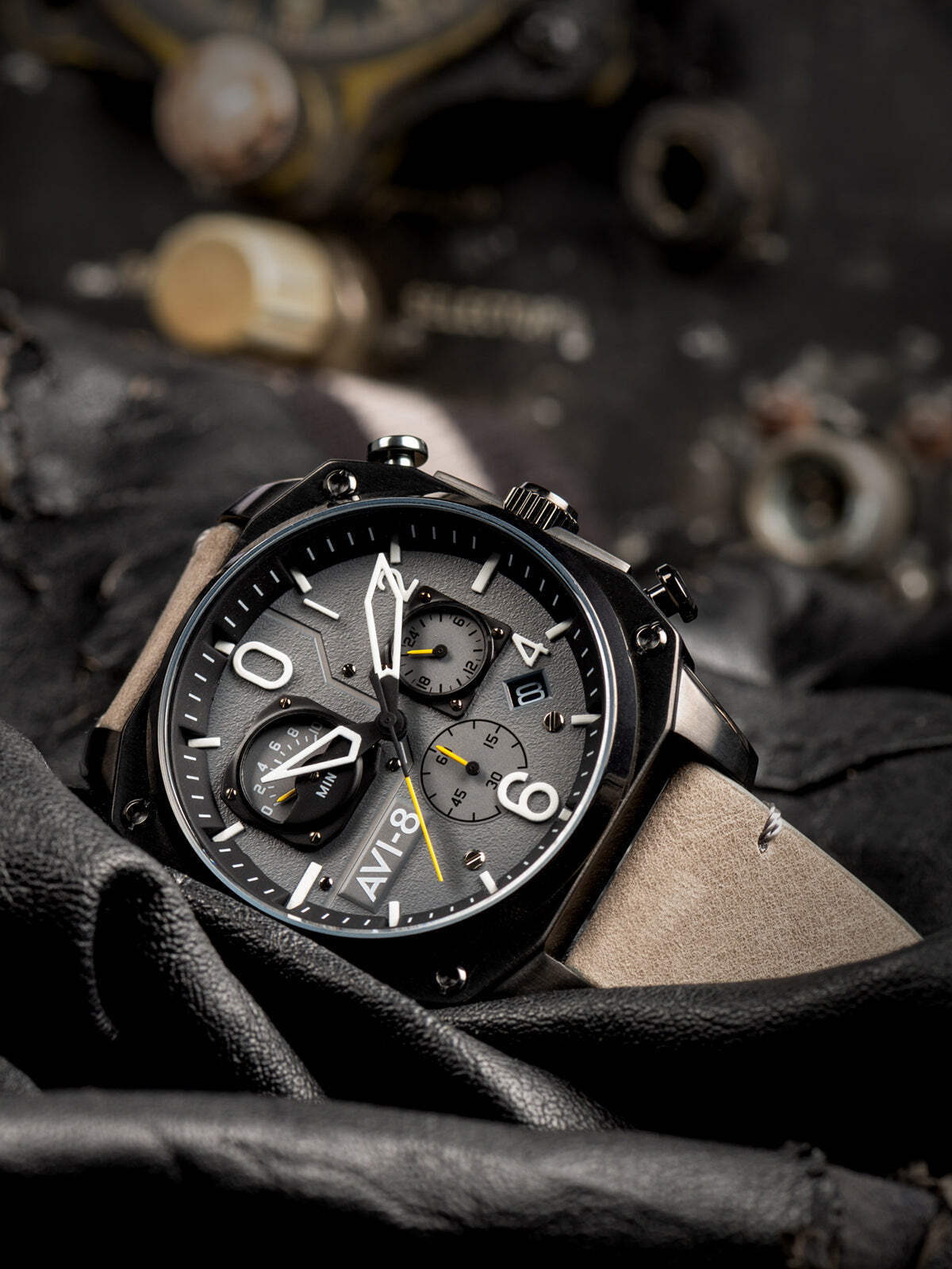 AVI-8 Hawker Hunter Retrograde Chronograph Gray / Leather | Gray Dial 45mm Wrist