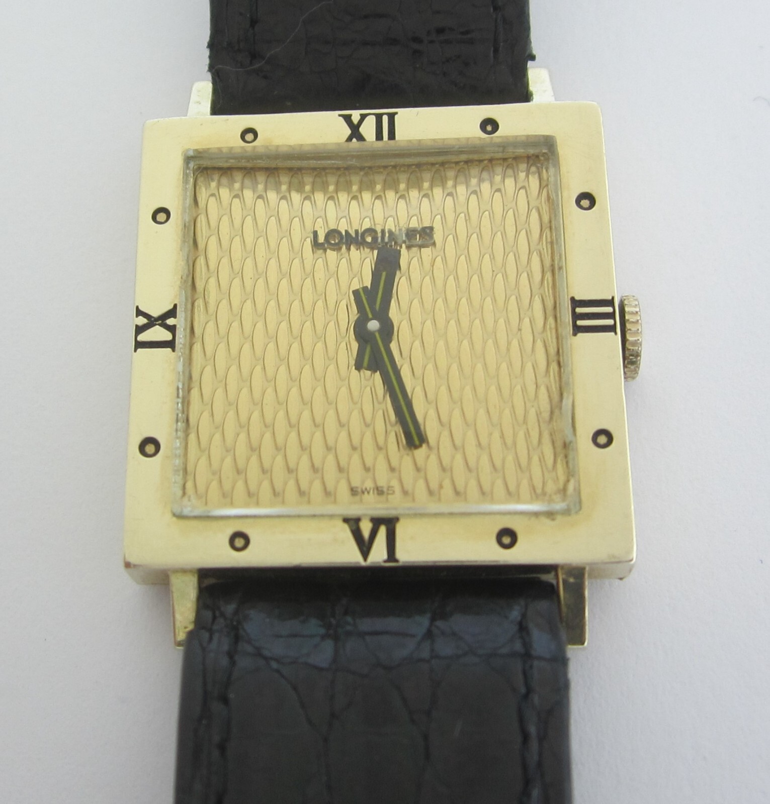 VINTAGE LONGINES 14K SQUARE FACE WATCH W/ HIRSCH CROCO REPLACEMENT BAND