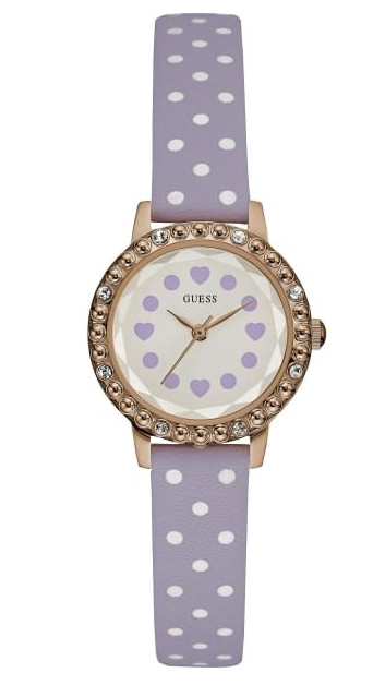 GUESS WOMEN’S violet purple WATCH WHITE POLKA DOTS LILAC LEATHER STRAP W0906L4
