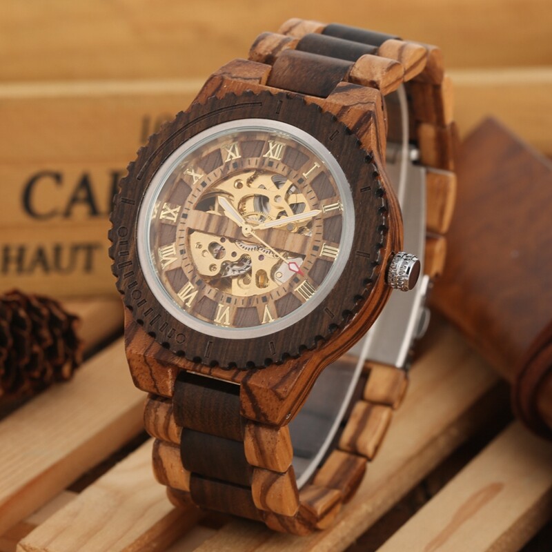 Mens Automatic Watches Wood Adjustable Wooden Bracelet Mechanical Wristwatch