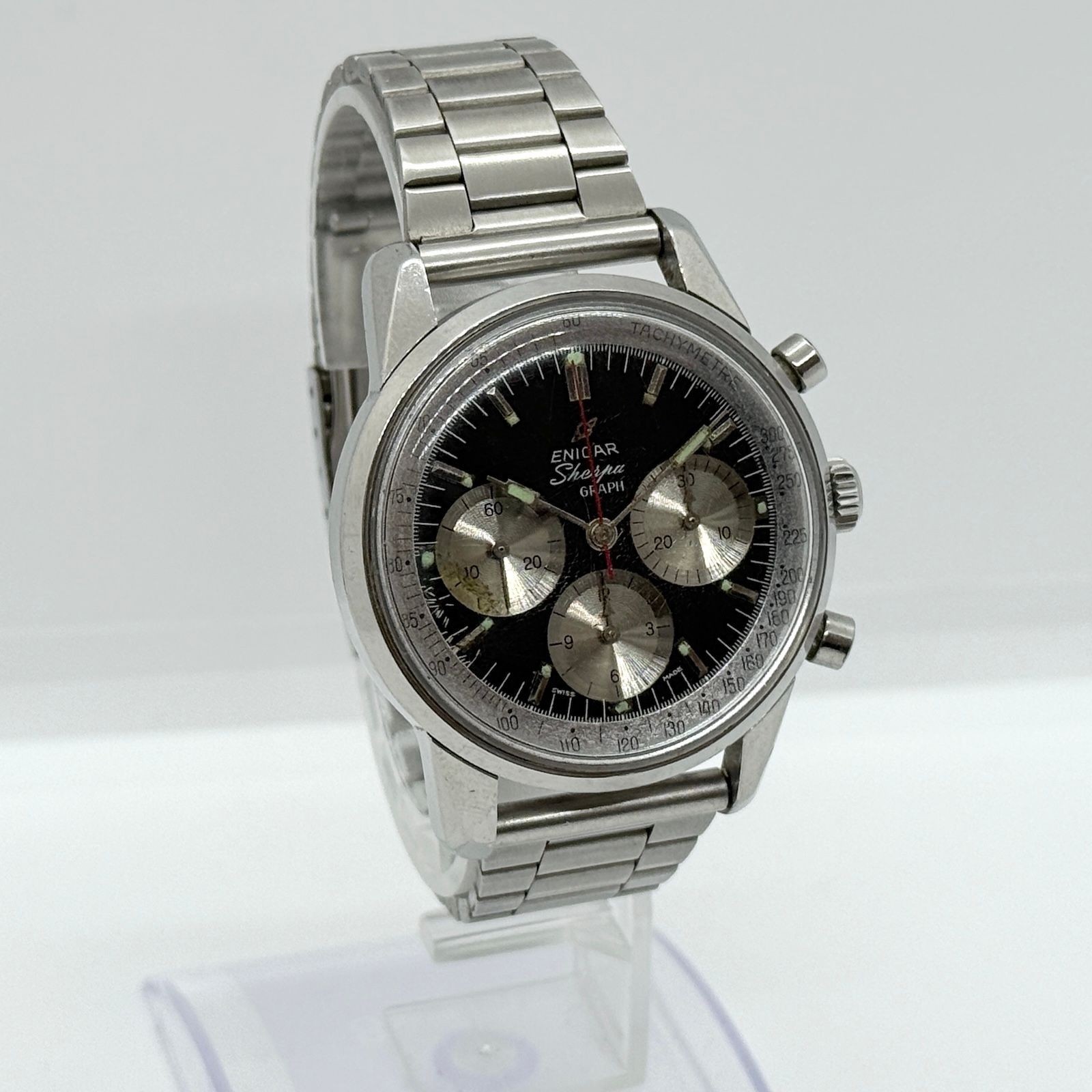 Vintage Enicar Sherpa Graph Valjoux 72 Chronograph Black Dial Steel Men’s 40mm