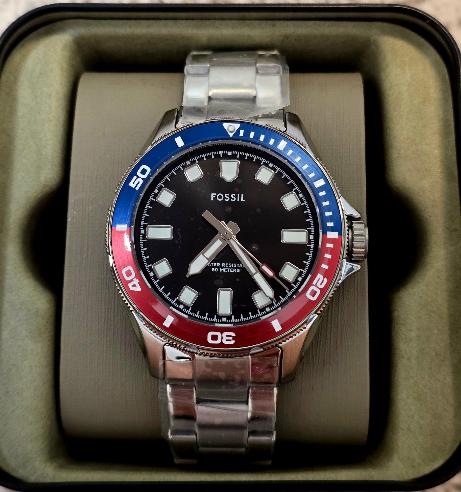 Fossil Silver Watch with Black Dial and Red-Blue Bezel