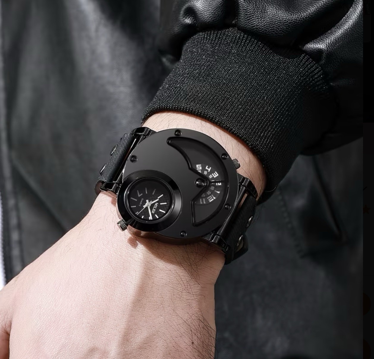 Curren men’s wristwatch, black dial, black leather band, chronograph, analog
