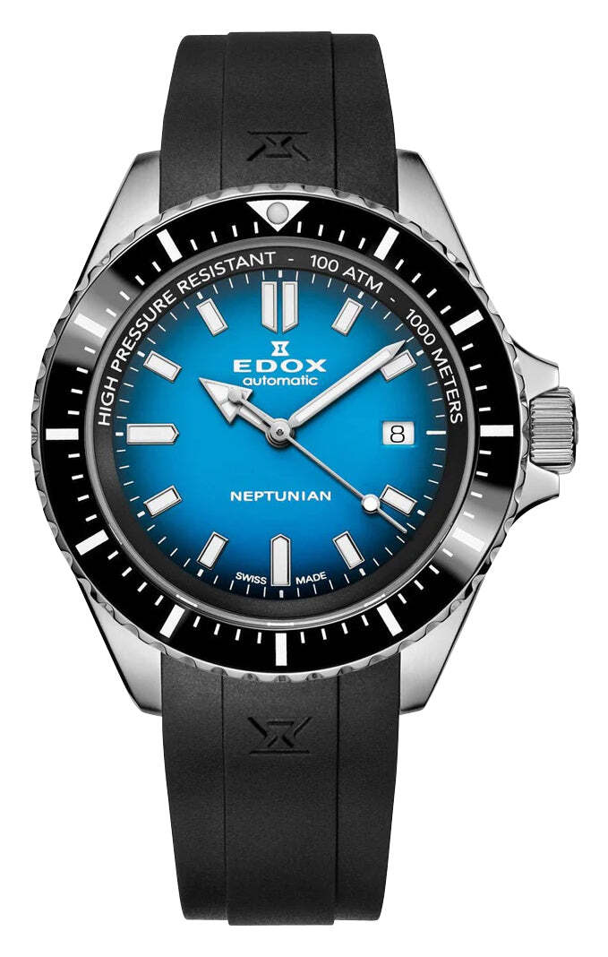 Edox Skydiver Neptunian Automatic Black Rubber Divers Men Watch 80120-3NCA-BUIDN