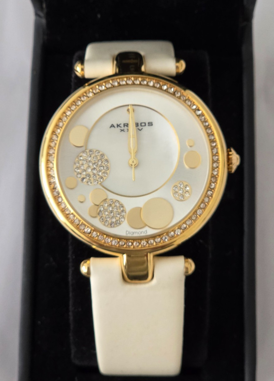 AKRIBOS XXIV Diamond Dial Ivory Band Watch AK434 Gold Accents Retail $650 NEW
