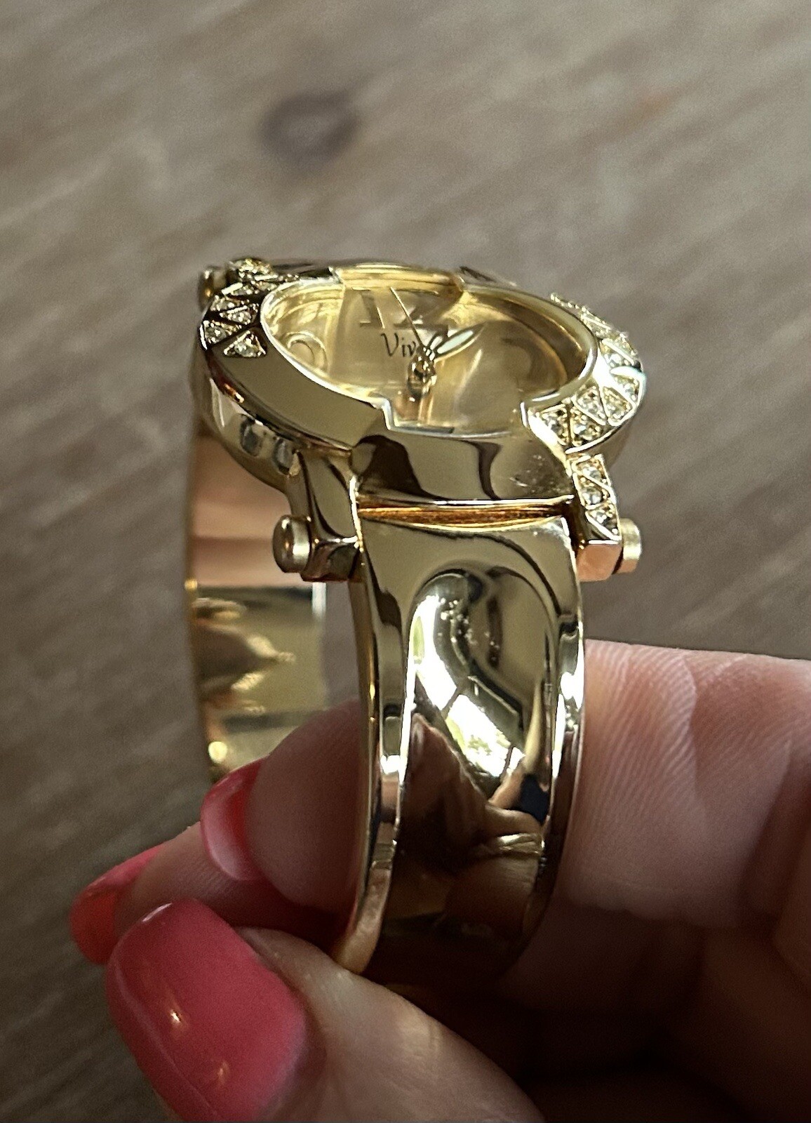 Vivani Watch Womens Cuff Bracelet Quartz Analog Gold Tone Rhinestone Bezel
