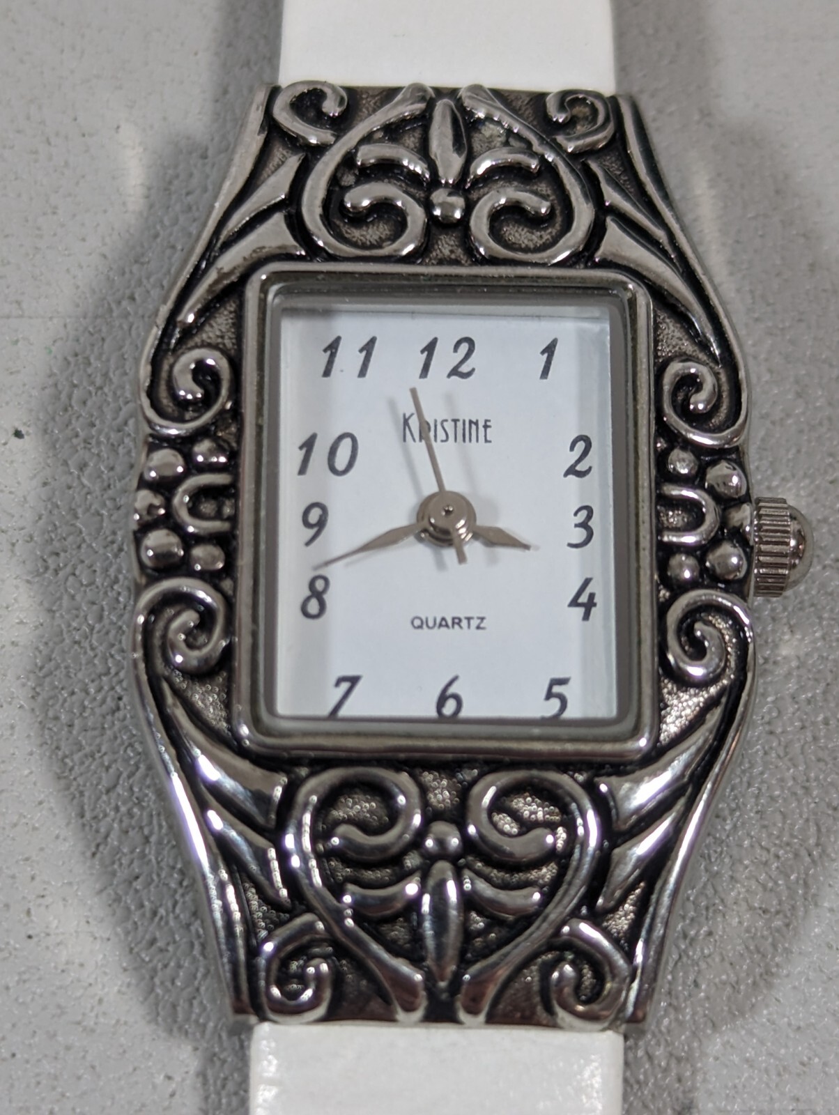 Kristine White Dial Silver Tone Rectangle Case White Calf Leather Band Watch