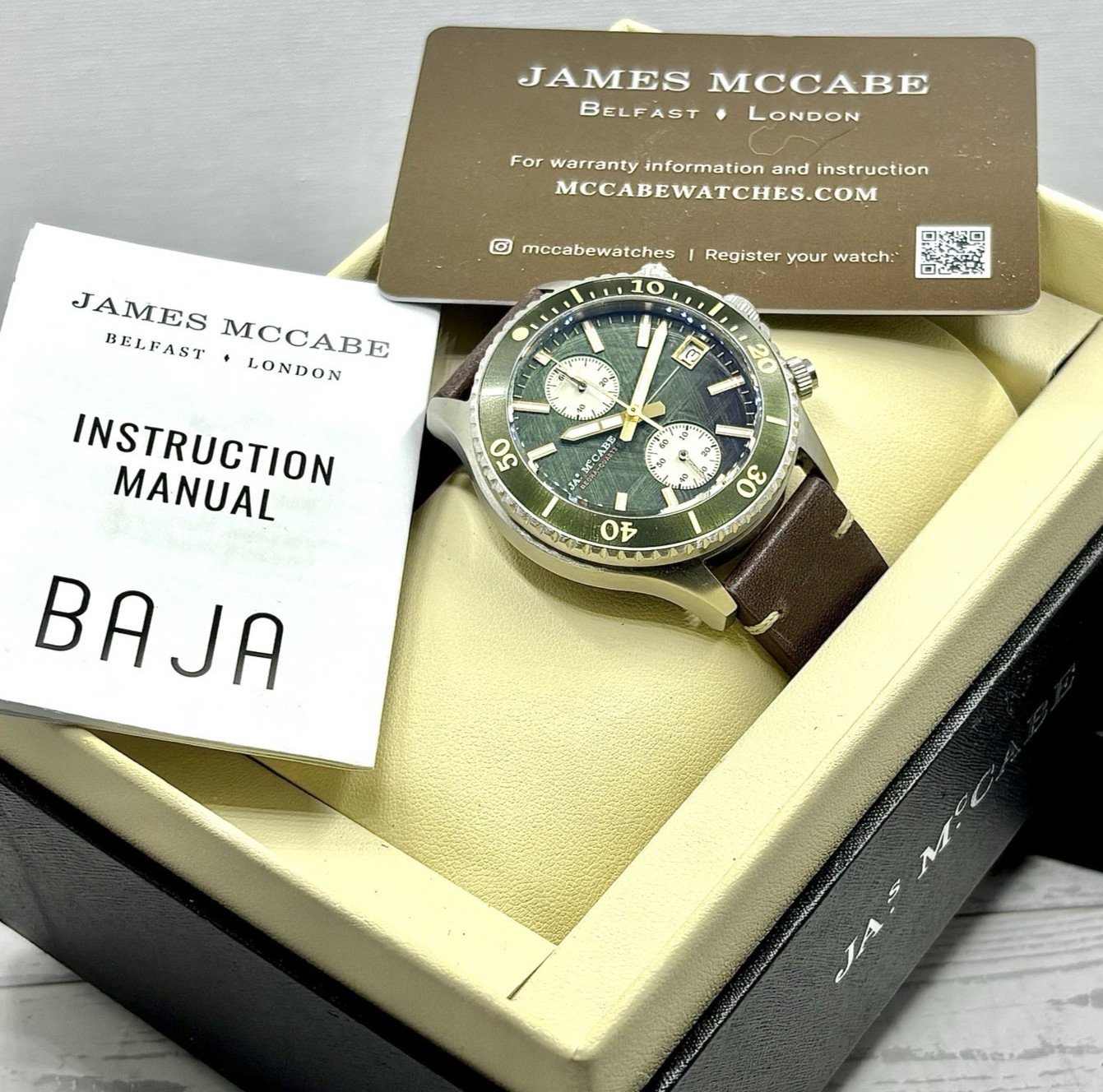 James McCabe Baja Mecha JM-1038 Green Dial Chronograph Date Brown Leather watch
