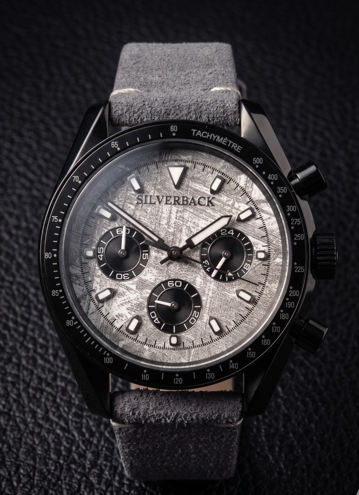 Silverback Meteor Chronograph, meteorite dial, 40m, grey suede leather strap