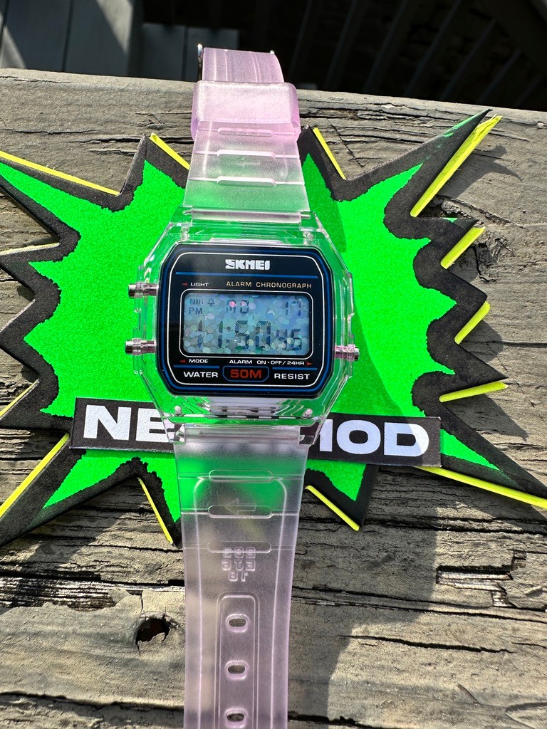 Purple Holo Watch – Rainbow Holographic Glitter Dots – Clear SKMEI Digital Watch