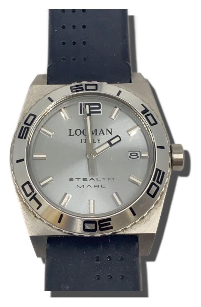 LOCMAN Rubber Watch Silver Black SS 211 Authentic Men H:1.77” W:1.97” 3777