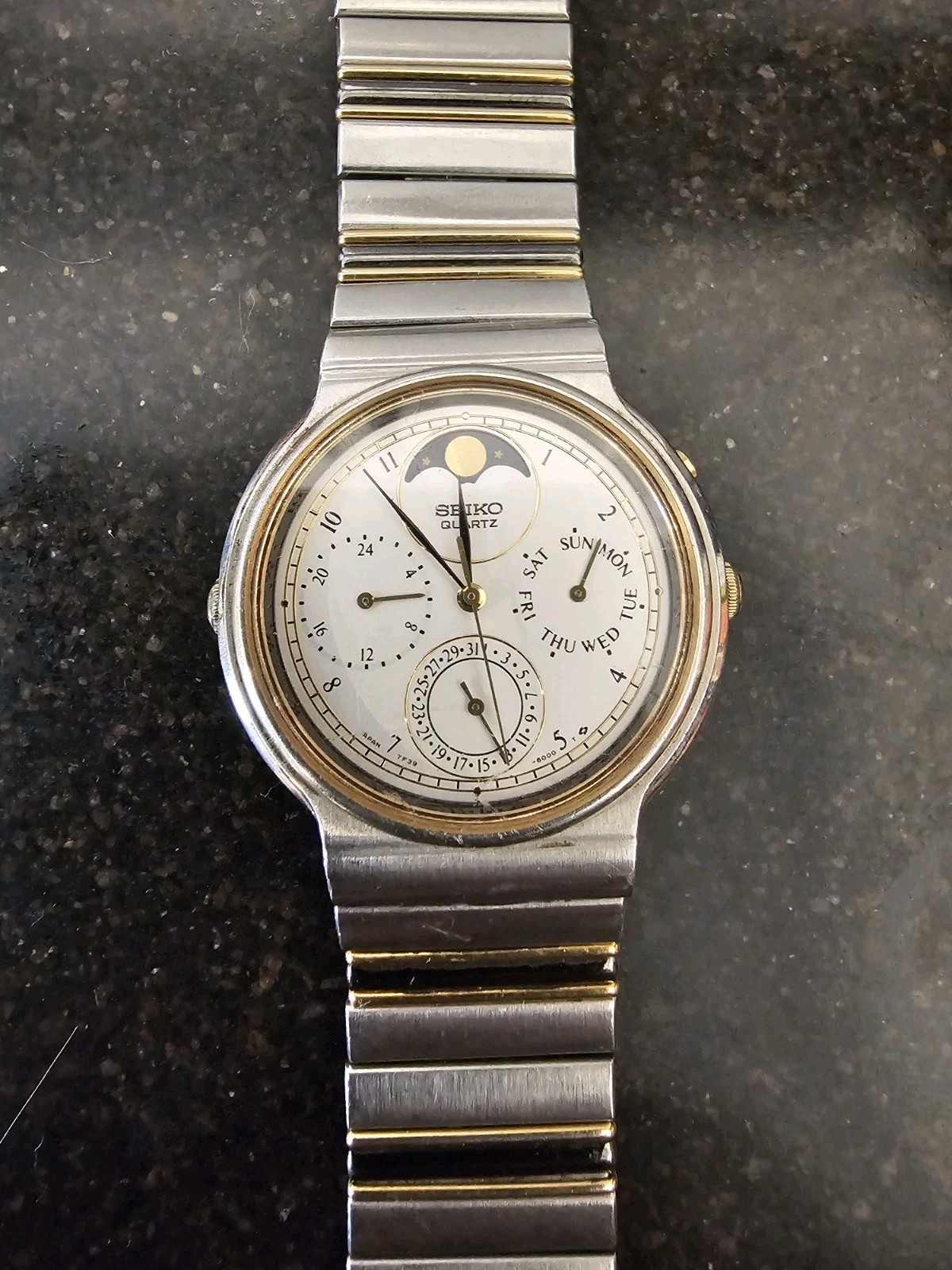 Mens Vintage 1980s Seiko Moonphase 7f39-6000 Great Condition New Battery