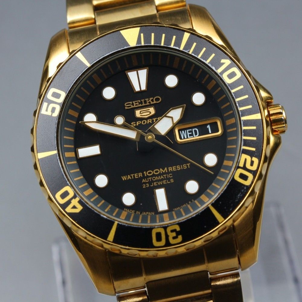 Working Item SEIKO 5 Sports SNZF22 7S36 03C0 Black Gold Automatic Men s 17274