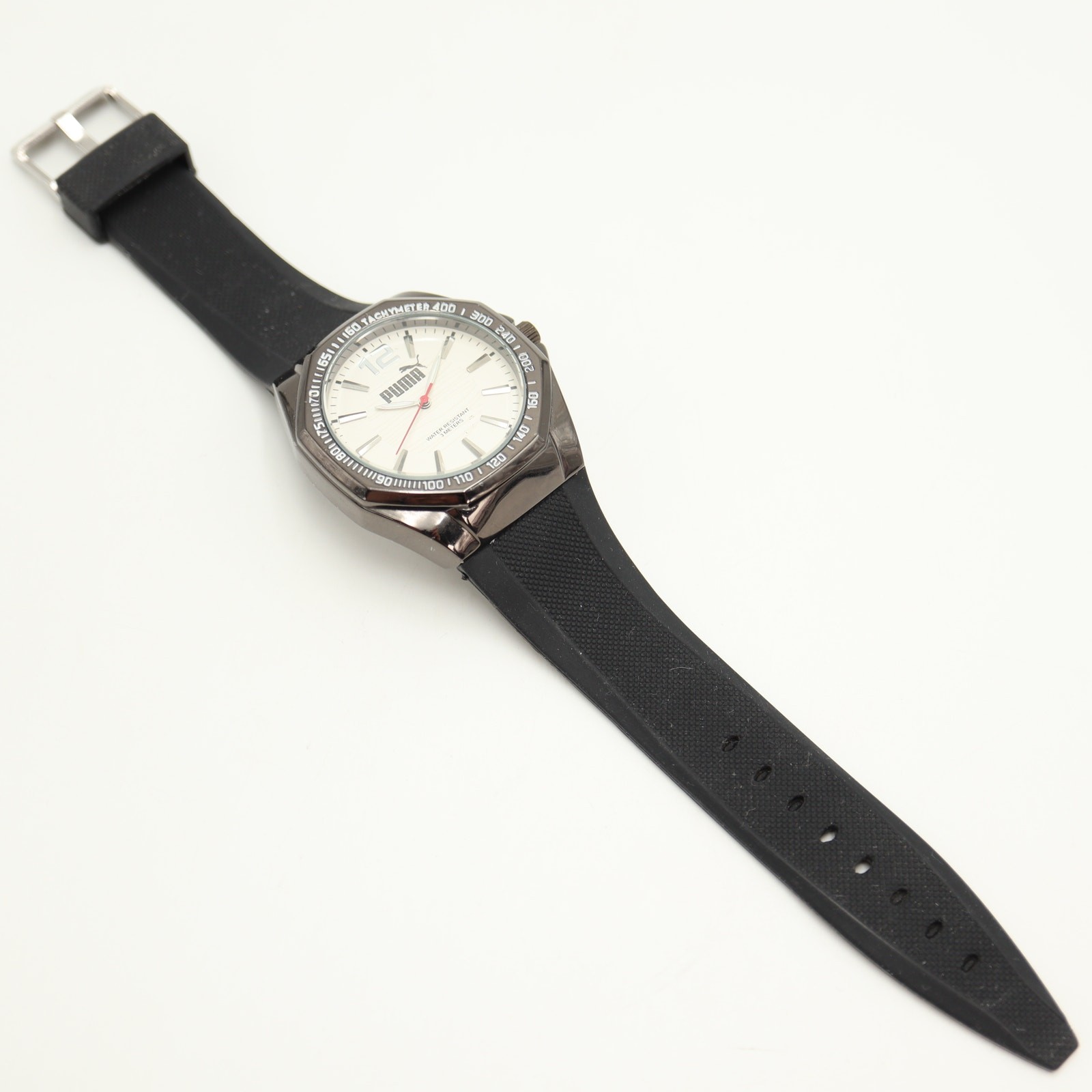 Puma Men’s Black Sport Analog 44mm Watch White Dial Silicone Strap w New Battery