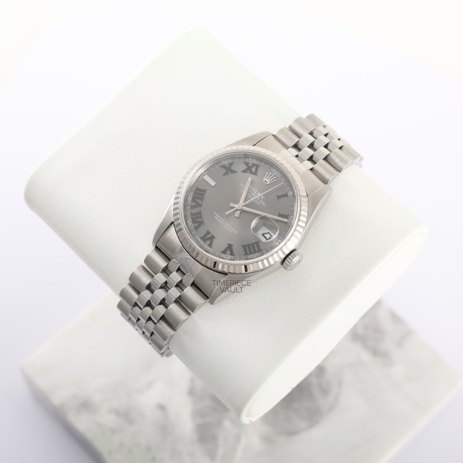 ROLEX DATEJUST 16234 STEEL NO HOLE 36MM CUSTOM WIMBLEDON DIAL 18K FLUTED BEZEL