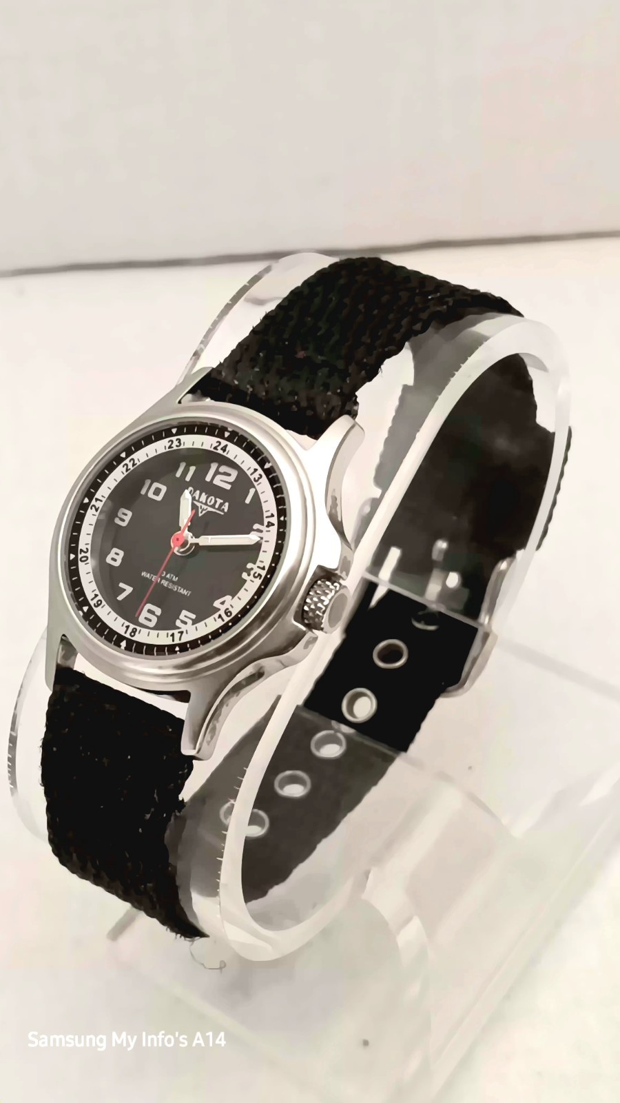 Dakota Stainless Steel Watch Canvas Black Band Mineral Glass Crystal 3 ATM.