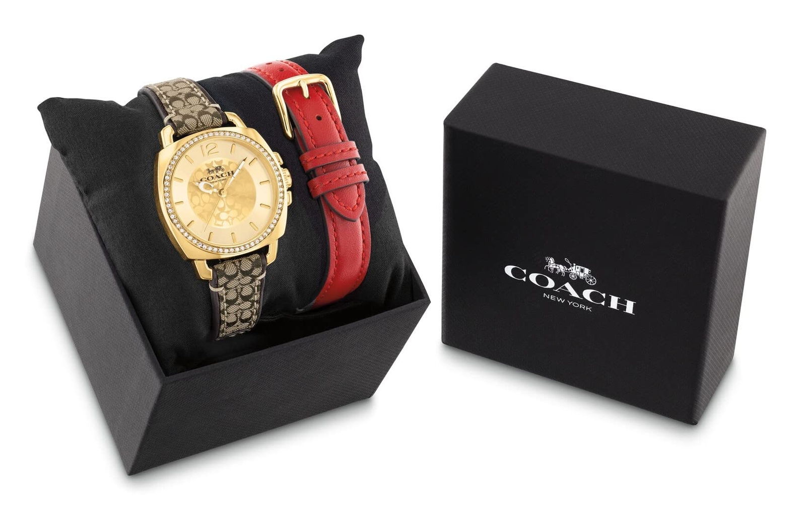 COACH 14000091 BOYFRIEND GOLD TONE DIAL BROWN/RED STRAPS WOMENS WATCH SET