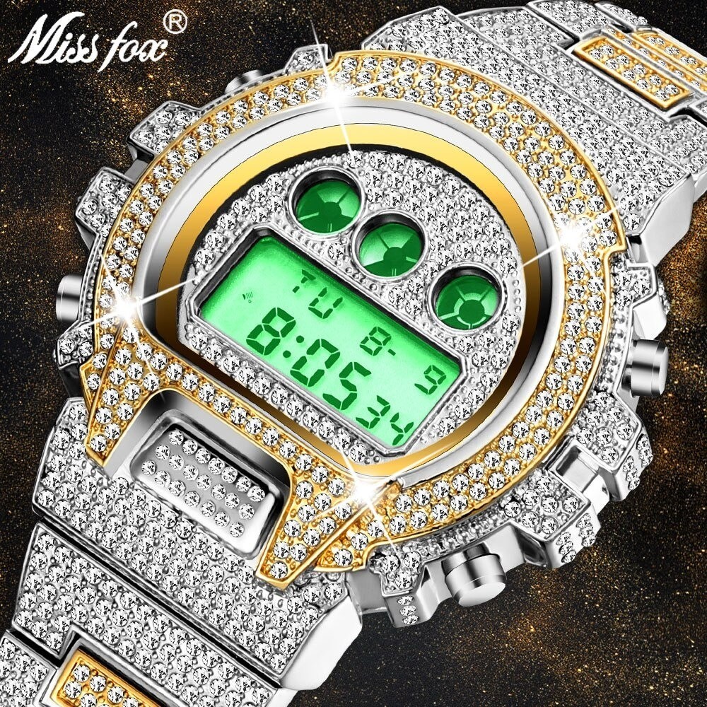 18K Gold IPS Plated LED Digital Hip Hop Iced Bling King Luxury Ice out Men Watch
