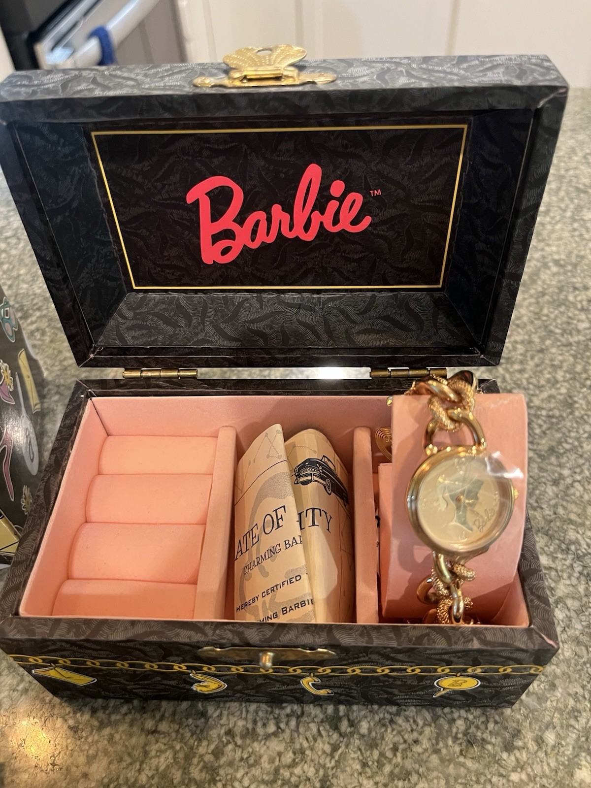 Vintage Barbie Fossil “Charming Barbie” Goldtone Charm Bracelet Watch – NWT