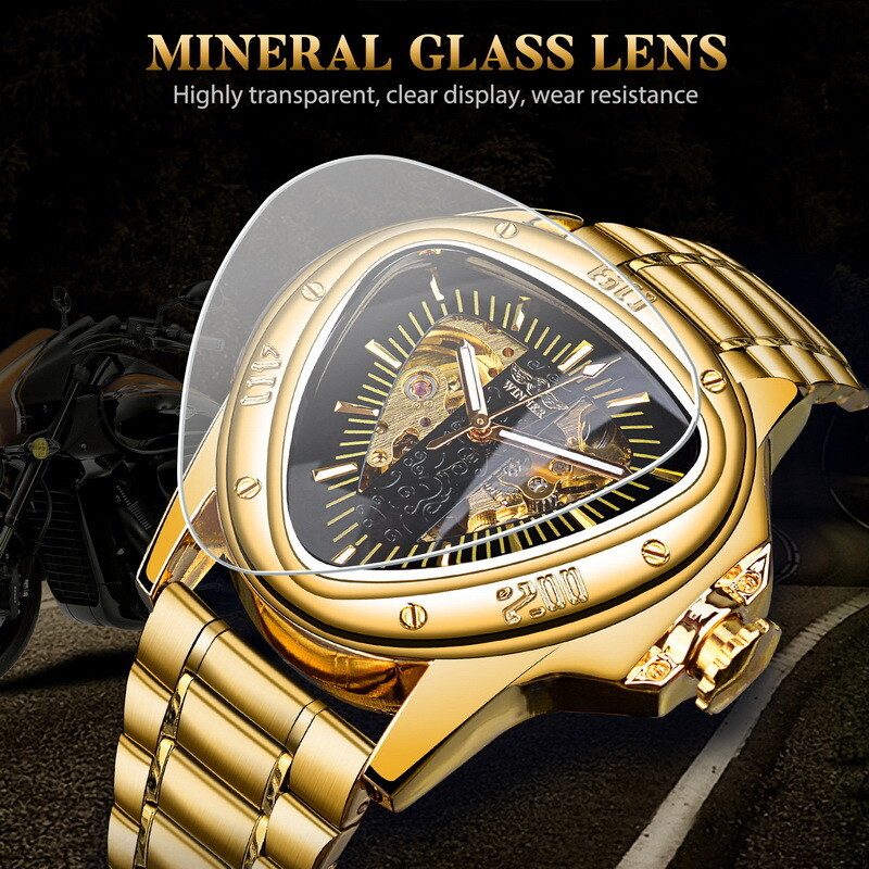 WINNER Mens Triangle Watch Steel Belt Skeleton Automatic Mechanical WristWatch