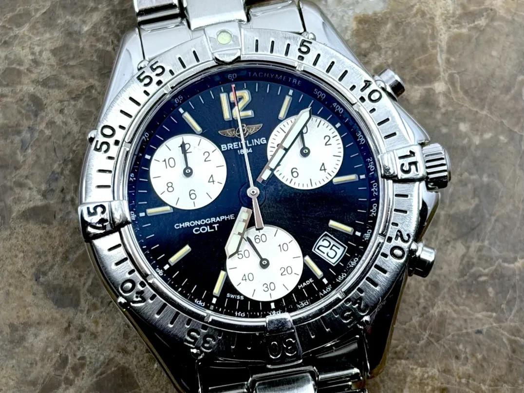 Breitling Chrono Colt Quartz 38mm Black / Silver Dial A53035 Service Box Papers