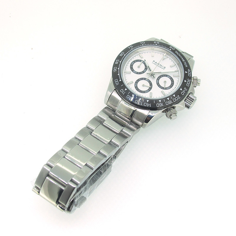 39mm Parnis Sapphire Quartz Movement Mens Chronograph Watch Stainless Steel Band