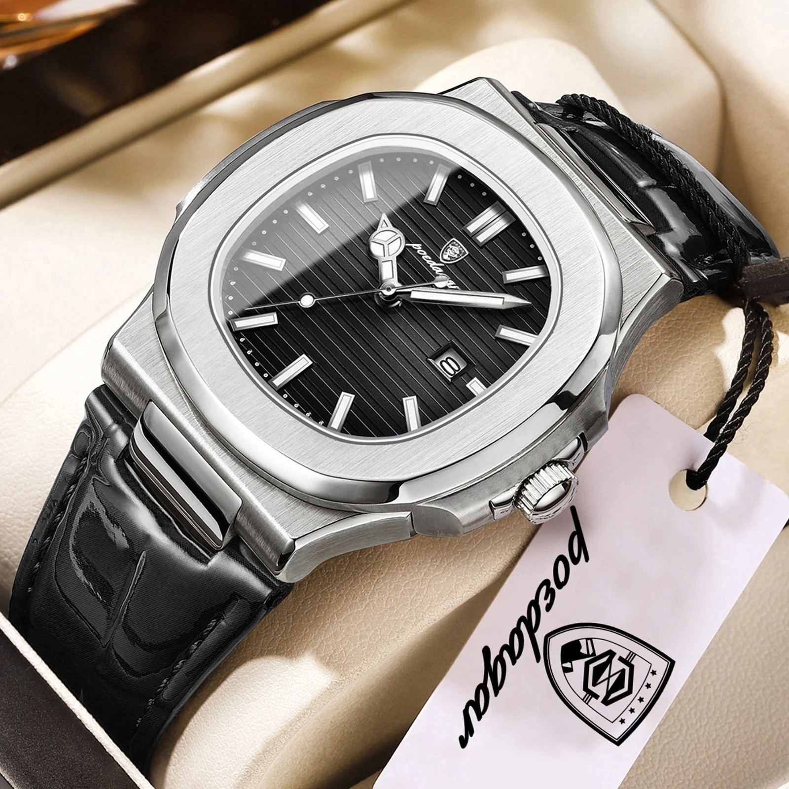 Poedagar Luxury Square Men Watch Date Luminous Leather Quartz Watche