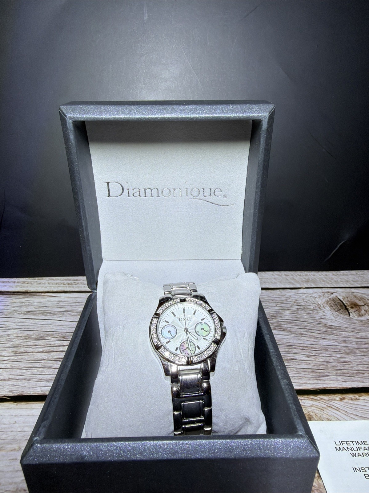 Diamonique DMQ Ladies Watch Chronograph Style Dial Crystal Bezel with Box