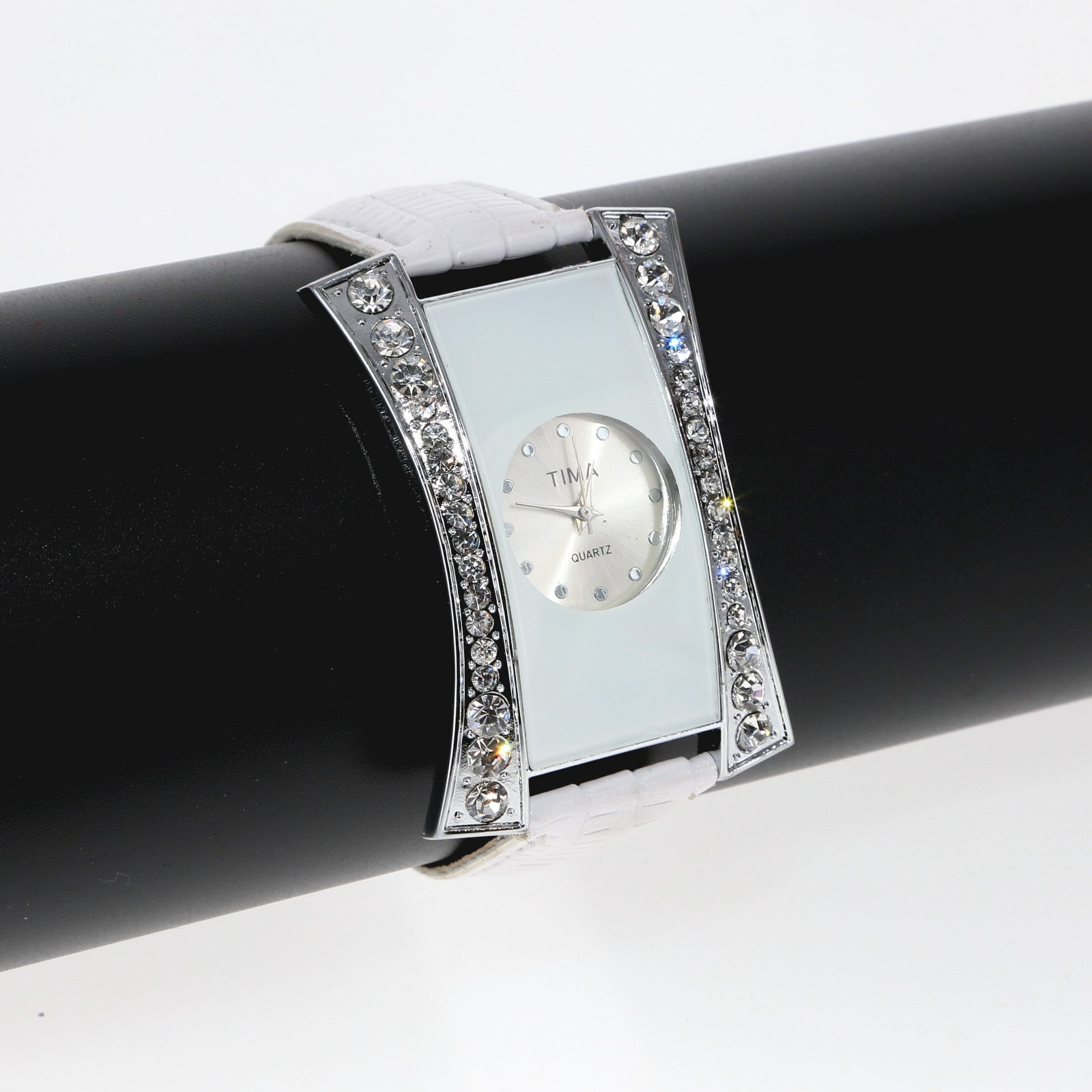 Big Curve Bezel Rhinestone White Dial Women’s Watch Faux White Leather Band